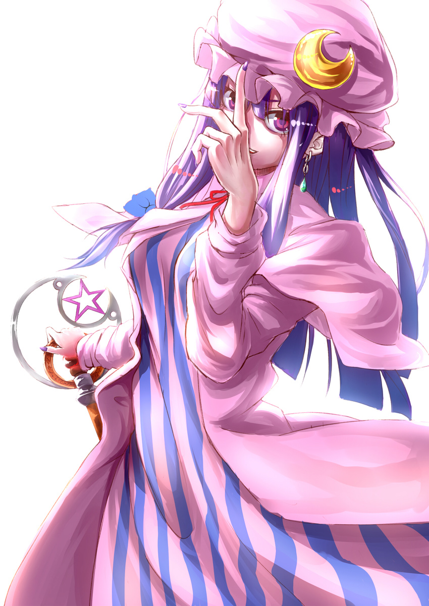 capelet crescent dress earrings hat highres holding jewelry long_hair looking_at_viewer nail_polish patchouli_knowledge purple_eyes purple_hair smile solo star striped striped_dress touhou turn-a vertical_stripes white_background