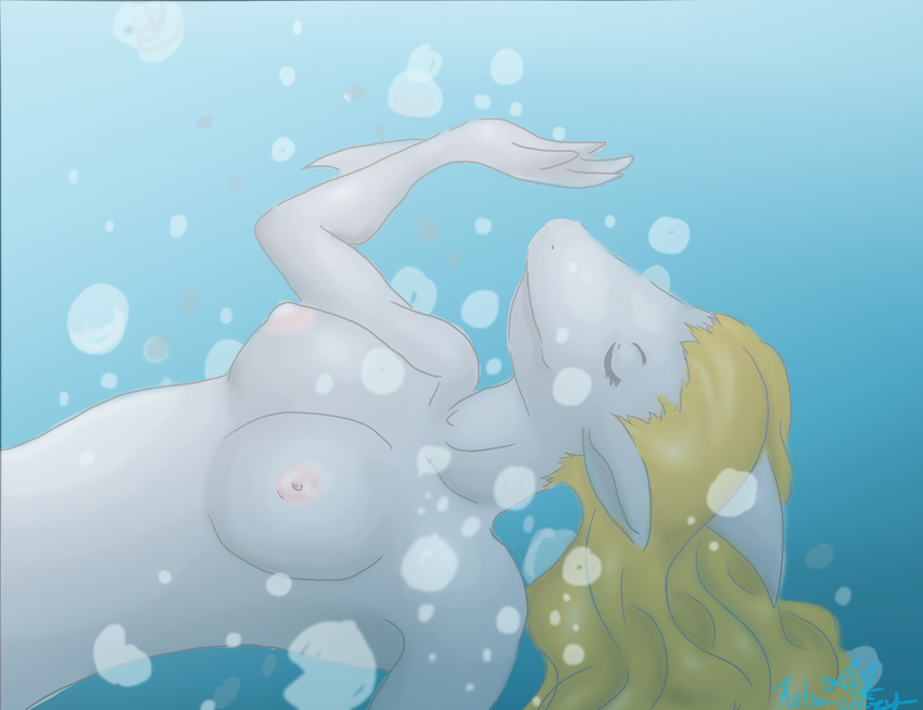 blonde_hair blue_background breasts bubble bubbles deep female fin fish ginger grey_body hair invalid_color kelso-crazy marine plain_background relaxing sea shark sinking underwater water