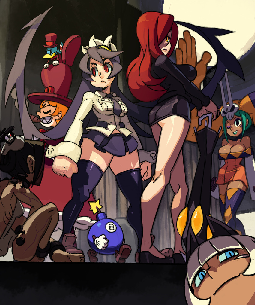 alex_ahad argyle argyle_legwear ass avery_(skullgirls) bare_shoulders barefoot black_legwear bomb breasts cerebella_(skullgirls) cigar cleavage closed_umbrella dark_skin dress extra_mouth feet filia_(skullgirls) full_moon george_the_bomb green_hair hair_over_one_eye hat highres krieg_(skullgirls) large_breasts living_clothes long_hair miniskirt moon ms._fortune_(skullgirls) multiple_girls necktie one_eye_closed painwheel_(skullgirls) parasoul_(skullgirls) peacock_(skullgirls) planted_umbrella prehensile_hair red_eyes red_hair samson_(skullgirls) short_dress short_hair sitting skirt skullgirls smoking soles thick_thighs thighhighs thighs toes top_hat umbrella veins vice-versa_(skullgirls) wrist_cuffs yellow_eyes