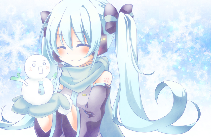 aqua_hair closed_eyes detached_sleeves hatsune_miku headphones highres long_hair mikoko_(mg2) mittens necktie scarf smile snowman solo spring_onion twintails vocaloid