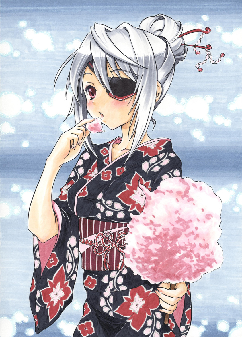absurdres alternate_hairstyle asahina_kirin blush breasts collarbone cotton_candy eating eyepatch highres infinite_stratos japanese_clothes kimono laura_bodewig medium_breasts obi red_eyes sash silver_hair solo traditional_media