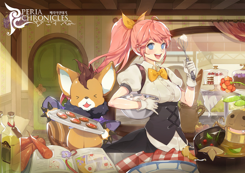 &gt;o&lt; 1girl :d apple baguette baking baking_sheet basket bathing berries blue_eyes book bottle bow bowl bread cake carrot character_request copyright_name corset cowboy_shot curtains door easu_(park_jihye) eyebrows_visible_through_hair eyes_closed flower food fruit fur_trim gloves hair_bow highres indoors korean long_hair looking_at_viewer mandrake open_mouth peria_chronicles pink_hair ponytail pot puffy_short_sleeves puffy_sleeves shirt short_sleeves smile squirrel tablecloth underbust wallpaper_(object) whipped_cream whisk white_gloves white_shirt wide_sleeves window yellow_bow