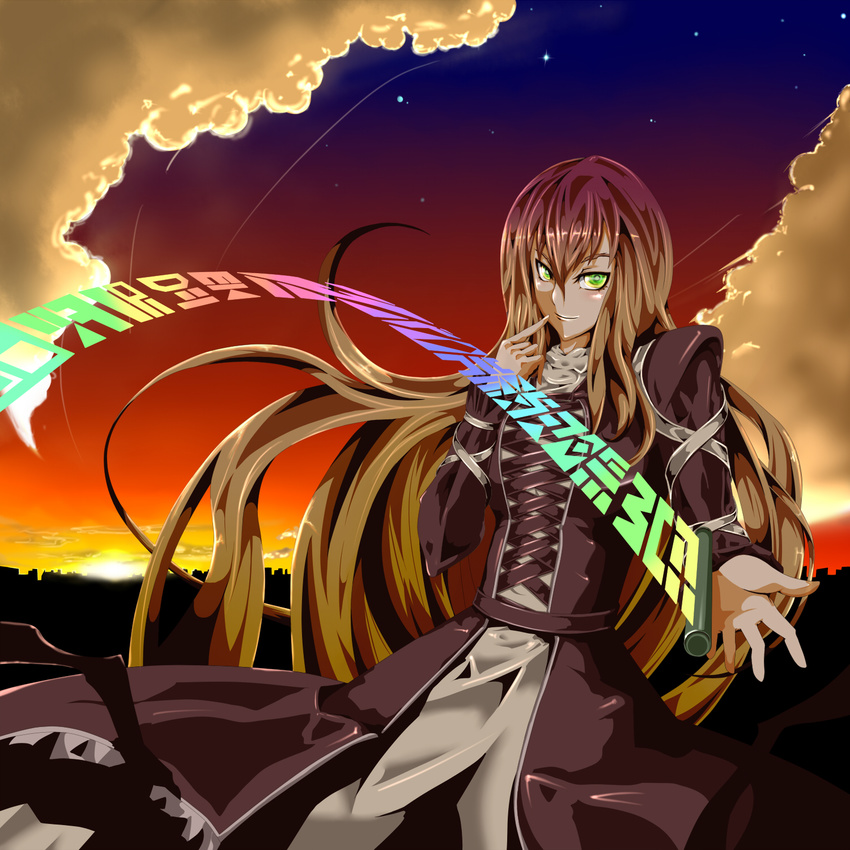 evening gradient_hair highres hijiri_byakuren long_hair looking_at_viewer multicolored_hair potato_pot smile solo sorcerer's_sutra_scroll sunset touhou