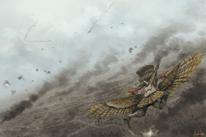 1girl asterisk_kome battlefield flying gloves hat highres low_wings military military_hat military_uniform original rifle_on_back smoke tagme tail_feathers uniform weapon winged_fusiliers wings