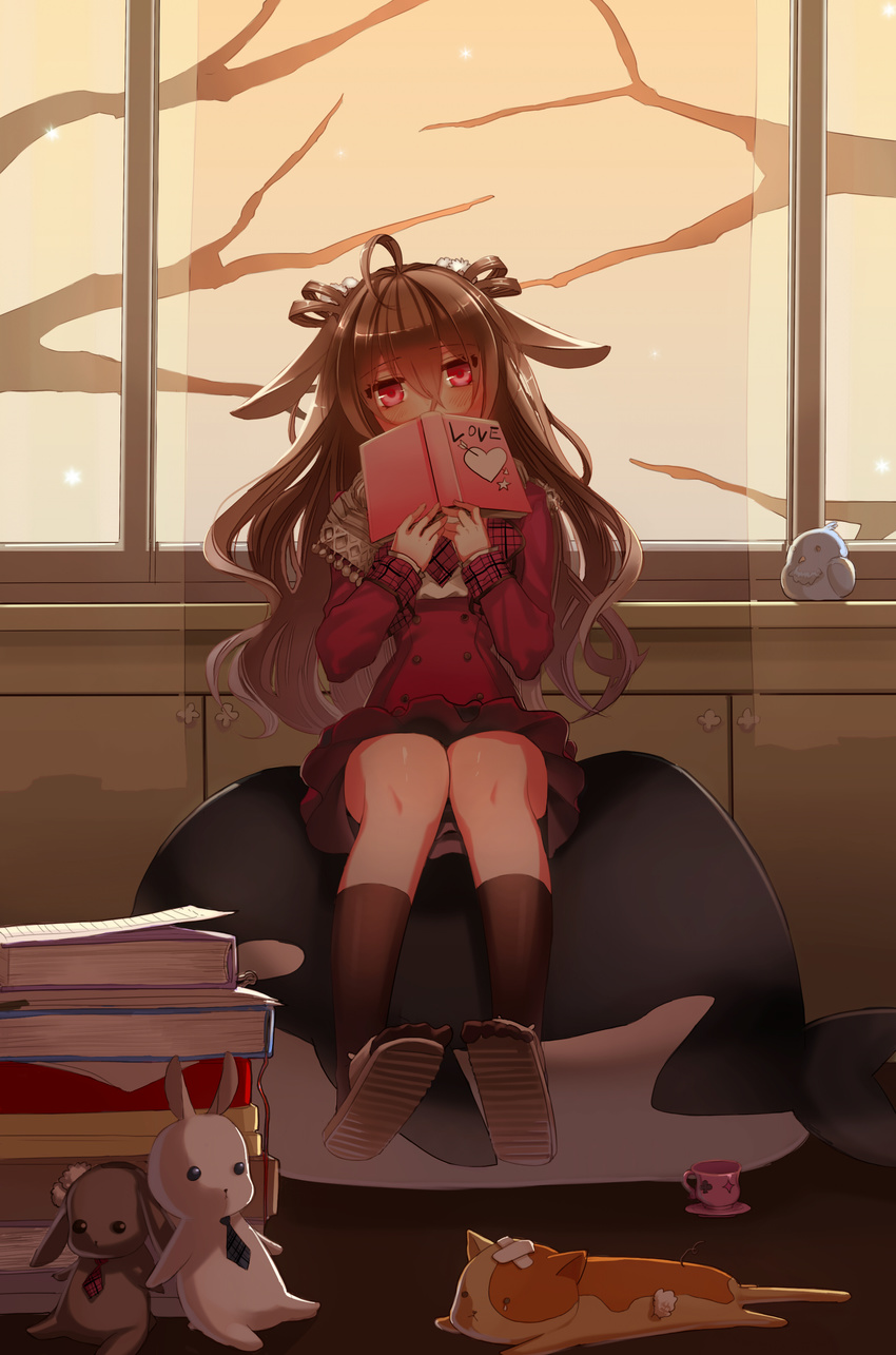 absurdres ahoge animal_ears black_hair blush book cup highres holding holding_book ktsis long_hair looking_at_viewer open_mouth original red_eyes sandals school_uniform sitting skirt solo stuffed_animal stuffed_bunny stuffed_cat stuffed_toy teacup window