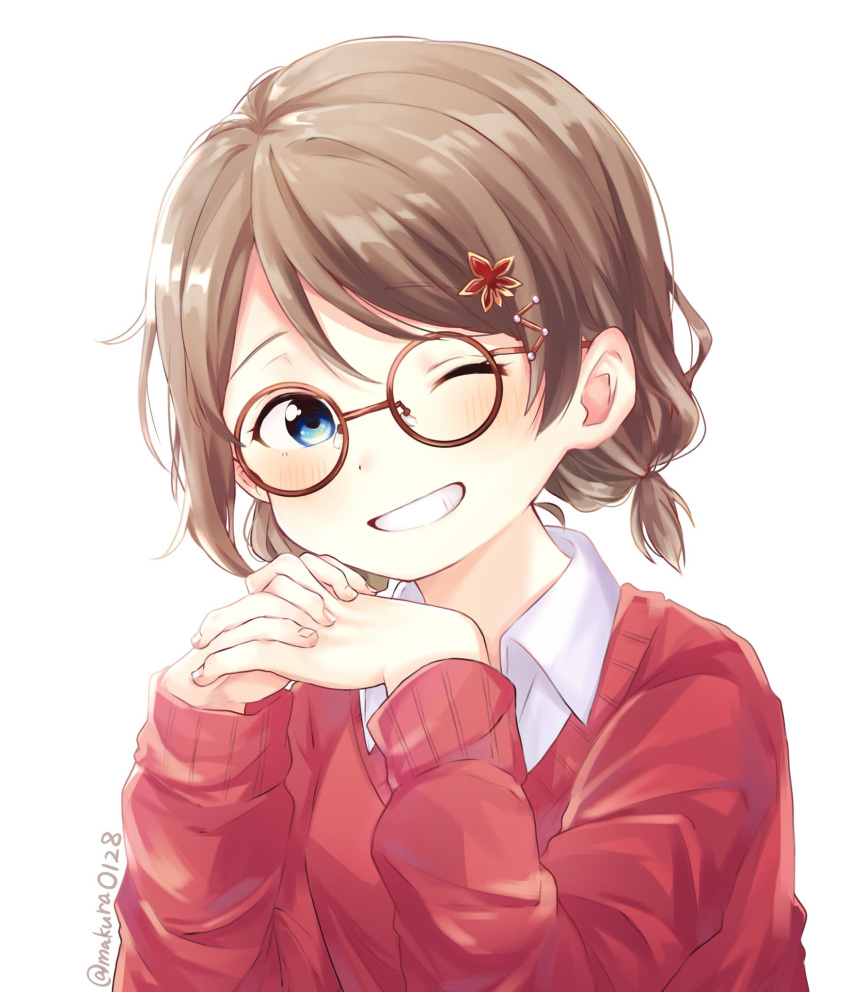 1girl blue_eyes blush brown-framed_eyewear brown_hair collared_shirt commentary_request glasses grin hair_ornament highres interlocked_fingers leaf_hair_ornament long_sleeves looking_at_viewer love_live! love_live!_sunshine!! makura_(makura0128) one_eye_closed red_cardigan round_eyewear shirt short_hair short_twintails simple_background smile solo twintails twitter_username upper_body watanabe_you white_background
