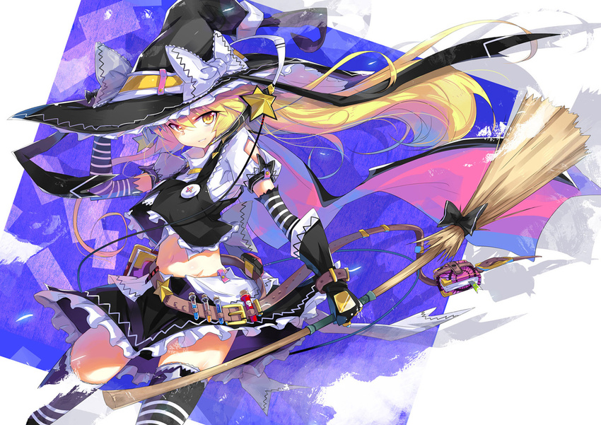 belt blonde_hair book broom elbow_gloves embellished_costume gloves hand_on_headwear hat holding kirisame_marisa long_hair looking_at_viewer midriff navel skirt smile solo star striped test_tube thighhighs touhou very_long_hair witch_hat yellow_eyes yui_(niikyouzou)