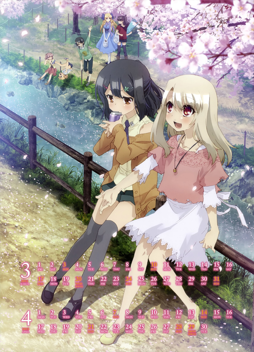 2girls blonde_hair bow calendar curly_hair fate/kaleid_liner_prisma_illya fate_(series) female hair_bow highres illyasviel_von_einzbern long_hair luviagelita_edelfelt miyu_edelfelt multiple_girls official_art tohsaka_rin twintails type-moon white_hair