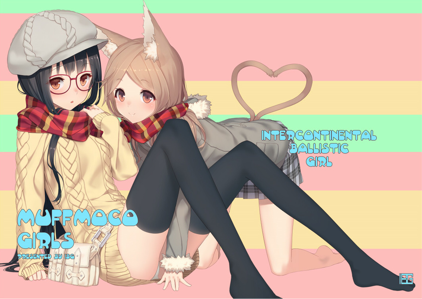 :o animal_ears aran_sweater black_hair black_legwear blush brown_hair cat_ears cat_tail cover cover_page glasses hat heart heart_tail izumi_sai long_hair multiple_girls multiple_tails original plaid plaid_scarf plaid_skirt red_eyes red_scarf scarf shared_scarf sitting skirt smile striped striped_background sweater tail thighhighs