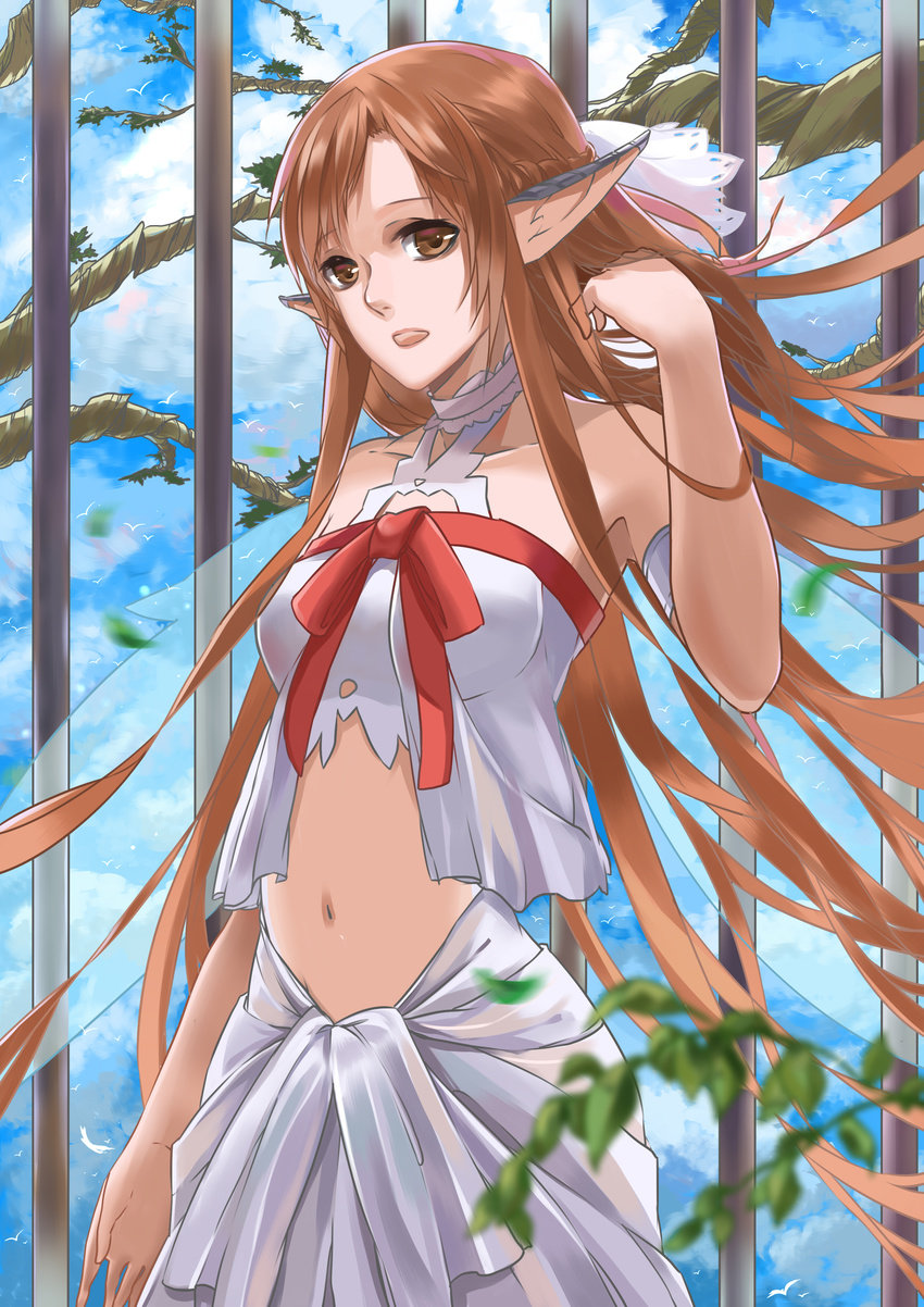 :o absurdres asuna_(sao) bare_shoulders bars blurry brown_eyes brown_hair citemer depth_of_field elf fairy highres long_hair midriff navel pointy_ears solo sword_art_online titania_(sao) very_long_hair wind wings