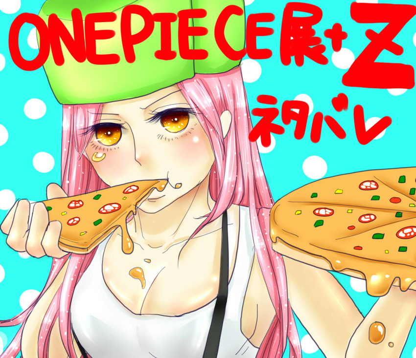 1girl breasts cleavage copyright_name eating food hat jewelry_bonney large_breasts luneisweenysweet one_piece piercing pink_hair pizza sabaody_archipelago solo suspenders title_drop yellow_eyes