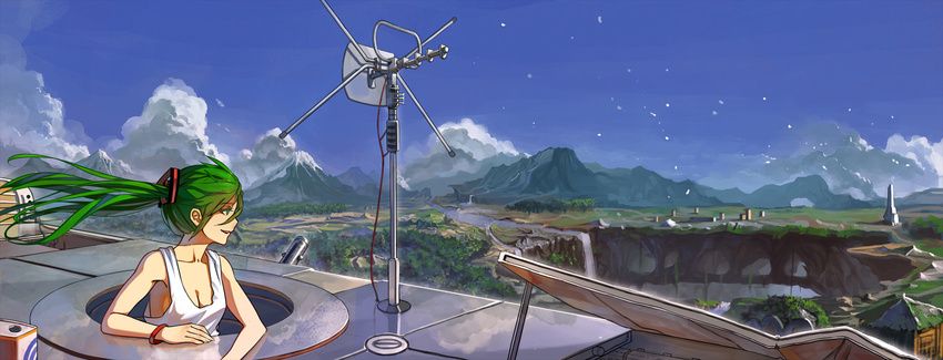 bad_id bad_pixiv_id bracelet breasts cleavage cloud floating_hair green_eyes green_hair hatsune_miku highres jewelry landscape long_hair lu_ying medium_breasts mountain radio_antenna reflection river sky solo tank_top vocaloid