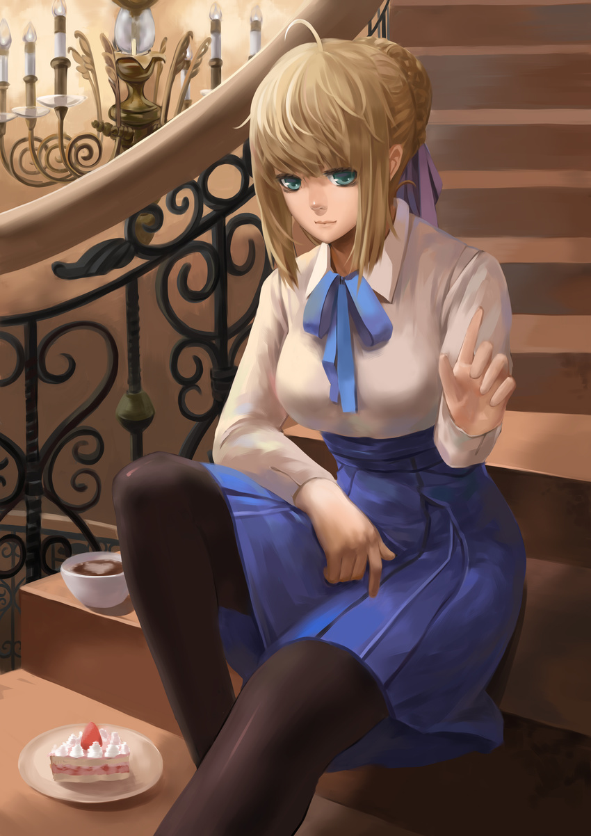 absurdres ahoge artoria_pendragon_(all) black_legwear blonde_hair cake citemer cup dress fate/stay_night fate_(series) food green_eyes hair_ribbon heart highres long_legs pantyhose ribbon saber sitting sitting_on_stairs solo stairs teacup