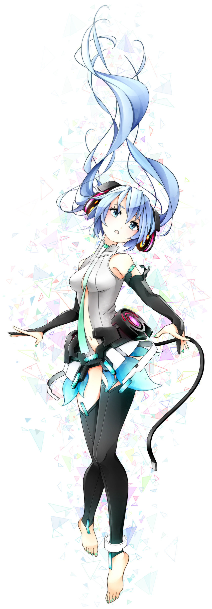 absurdres aqua_hair bad_id bad_pixiv_id bare_shoulders barefoot blue_eyes bridal_gauntlets full_body hatsune_miku hatsune_miku_(append) highres long_hair long_image miy simple_background solo tall_image toenail_polish twintails very_long_hair vocaloid vocaloid_append white_background