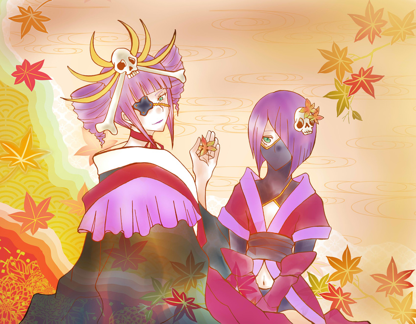 2girls bleach bleach:_zanpakutou_ibun_hen drill_hair eyepatch hair_over_one_eye highres katen_kyokotsu looking_at_viewer moonshinemituki multiple_girls personification purple_hair zanpakuto_spirit zanpakutou_(spirit)