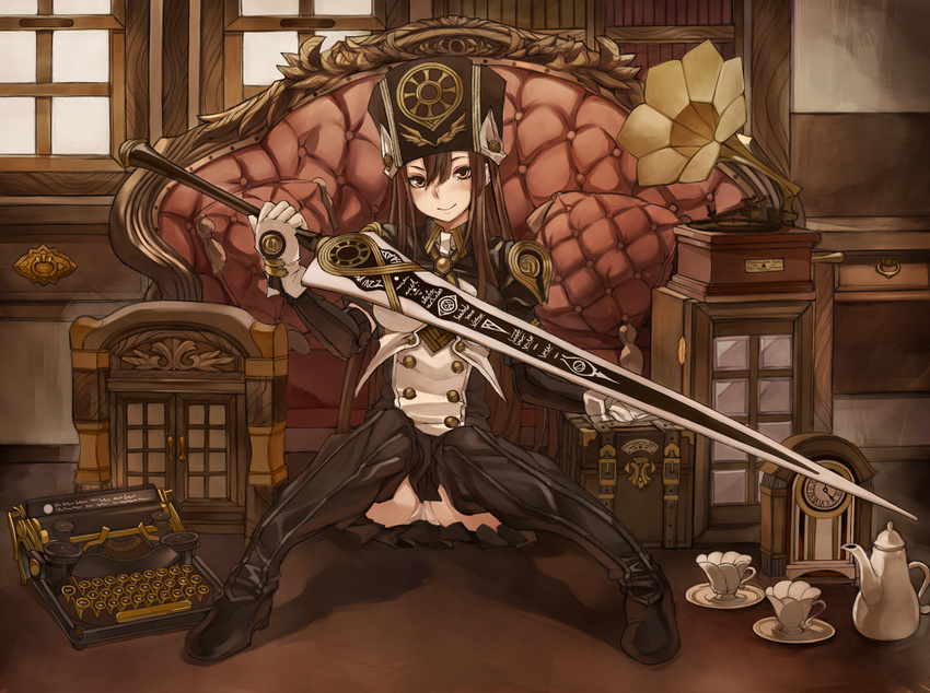 blush boots brown_eyes brown_hair clock couch cup gloves hat highres long_hair looking_at_viewer original panties pantyshot pantyshot_(sitting) phonograph pillow plate ricci sitting skirt smile solo sword teacup teapot thigh_boots thighhighs typewriter underwear weapon white_panties