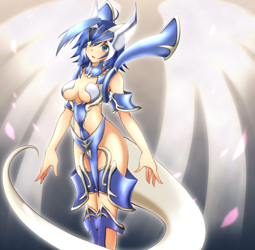 ankle_boots armor blue_eyes blue_hair boots breasts cardfight!!_vanguard cleavage cosplay crossdressing crossplay genderswap hair_ornament headgear highres royal_paladin sendou sendou_aichi soul_saver_dragon vanguard_ride wings