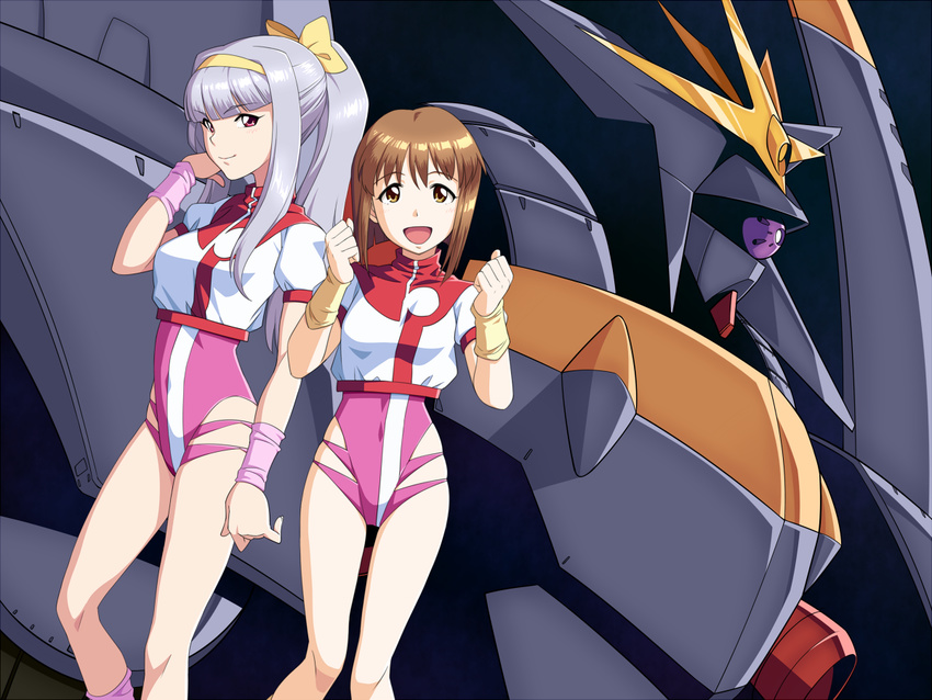 80s alternate_hairstyle amano_kazumi amano_kazumi_(cosplay) bow brown_eyes brown_hair cosplay gunbuster hagiwara_yukiho hairband idolmaster idolmaster_(classic) leotard long_hair mecha multiple_girls oldschool pink_leotard ponytail red_eyes sat science_fiction shijou_takane short_hair silver_hair takaya_noriko takaya_noriko_(cosplay) top_wo_nerae! wristband yellow_bow