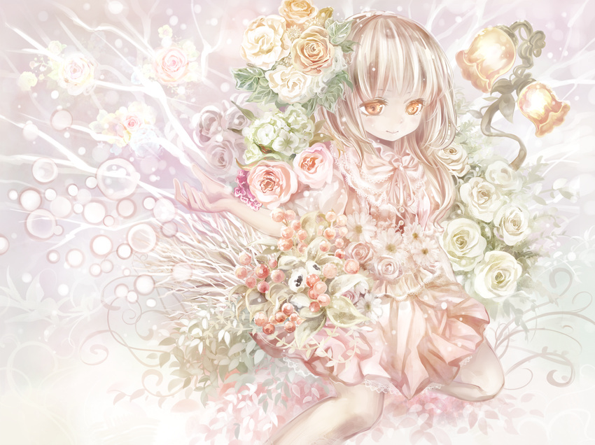 bad_id bad_pixiv_id dress flower hair_flower hair_ornament long_hair orange_eyes original silver_hair smile solo torino_akua