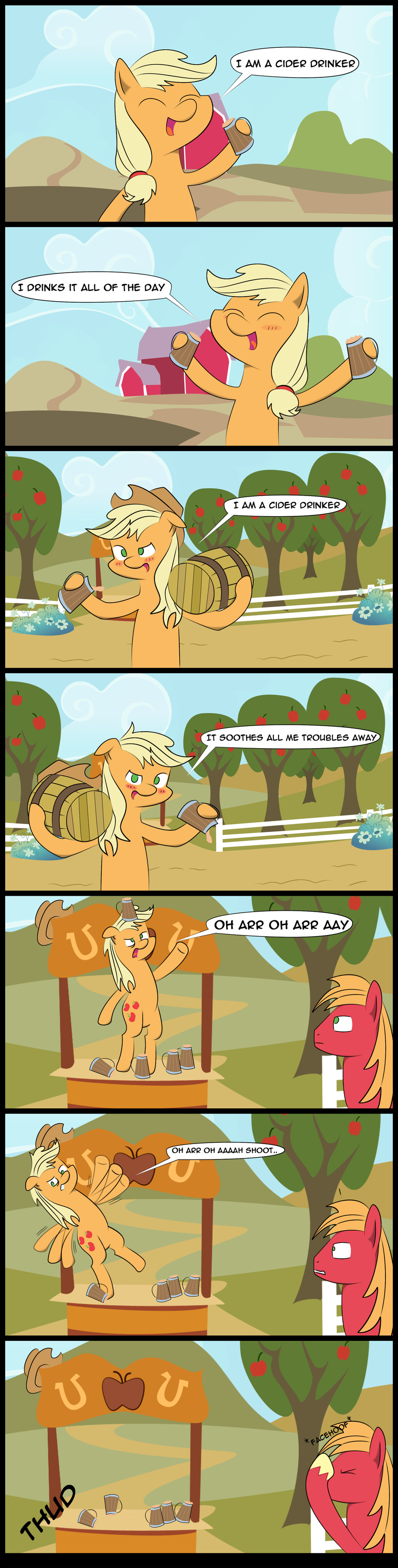 apple applejack_(mlp) beverage big_macintosh_(mlp) blonde_hair blush brother_and_sister cider comic cowboy_hat drinking drunk english_text equine facepalm falling female feral flower friendship_is_magic fruit green_eyes hair happy hat horse male mammal my_little_pony outside parttimebrony pony sibling singing smile text tree