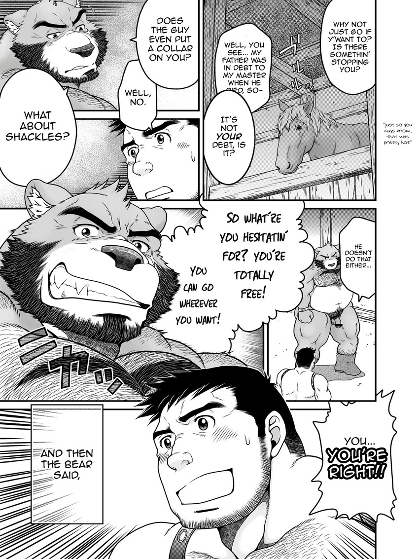 bear biceps big big_muscles brown_fur brown_nose chest_tuft chubby comic dialog dialogue english_text equine fangs flaccid fur grin hair horse human male mammal musclegut muscles neyukidou nipples nude penis scar stall teeth text the_bear_in_the_forest tuft
