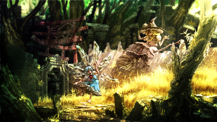 barefoot blonde_hair blue_dress blue_hair blurry broom broom_riding cirno depth_of_field dress floating flying forest hand_on_headwear hat ice ice_wings kirisame_marisa multiple_girls nature niy_(nenenoa) sunlight torii touhou tree wings witch witch_hat