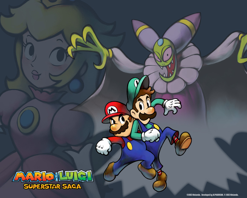 2boys 2girls blonde_hair boots brothers cackletta cap clenched_hand crown dress earrings elbowing facial_hair fist gem gloves hard_translated hat jewelry luigi mario mario_&amp;_luigi mario_&amp;_luigi:_superstar_saga mario_(series) multiple_boys multiple_girls mustache nintendo official_art princess princess_peach siblings super_mario_bros. superstar_saga suspenders title translated wallpaper