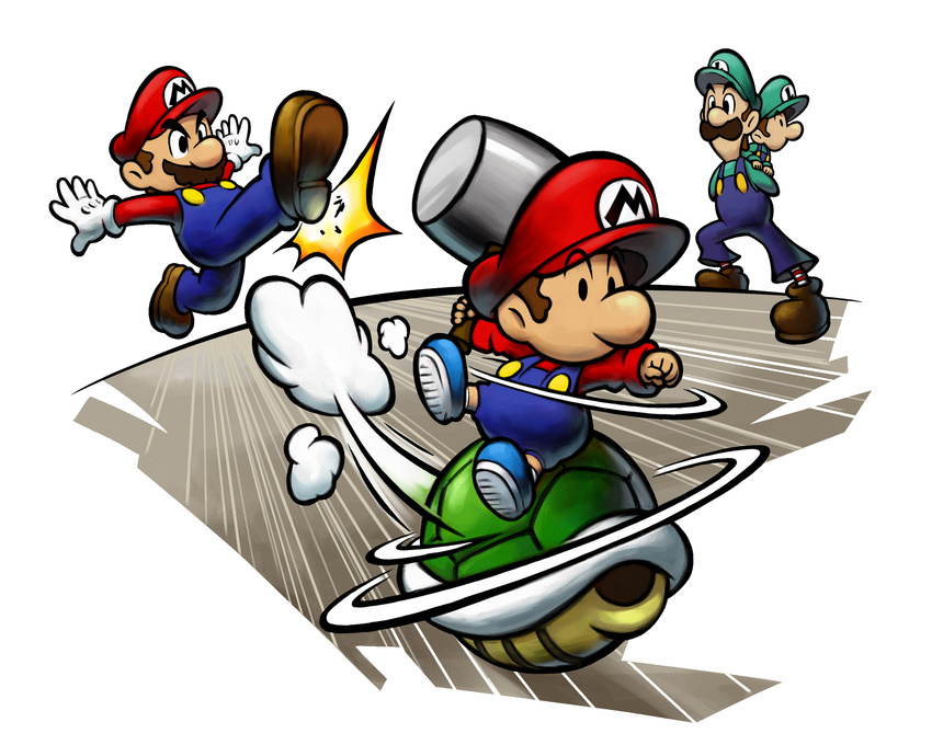 4boys adult attack baby baby_luigi baby_mario boots brothers cap clenched_hand facial_hair fighting_stance fist gloves hammer hat highres kicking koopa_shell luigi male male_focus mario mario_&amp;_luigi mario_&amp;_luigi:_partners_in_time mario_(series) multiple_boys mustache nintendo official_art older on_top partners_in_time piggyback pose riding shoes siblings super_mario_bros. suspenders time_paradox weapon white_background young younger