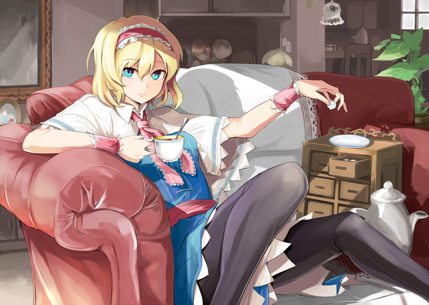 alice_margatroid black_legwear blonde_hair blue_eyes blush bow capelet couch emerane hairband leaf looking_at_viewer pantyhose plant potted_plant short_hair sitting smile solo spoon sugar_cube sunlight tea touhou white_background wrist_cuffs