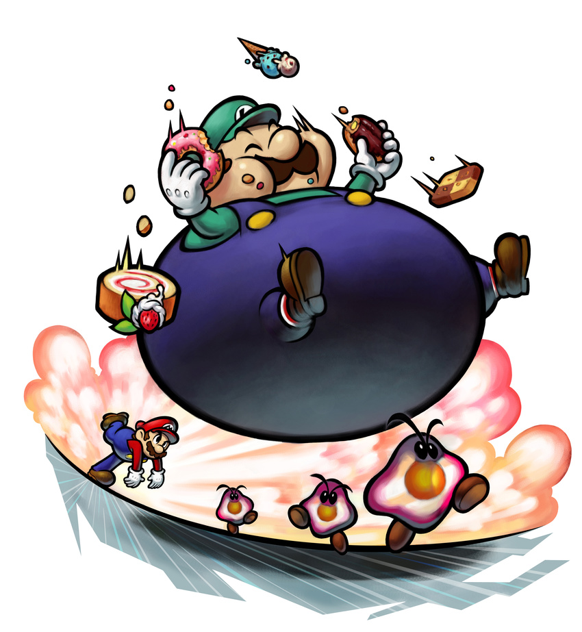 2boys absurdres bowser's_inside_story brothers cake cookie doughnut eating facial_hair fat fat_man food fruit goombule highres ice_cream luigi male male_focus mario mario_&amp;_luigi mario_&amp;_luigi:_bowser's_inside_story mario_(series) multiple_boys mustache nintendo obese official_art pastry siblings strawberry super_mario_bros. throwing