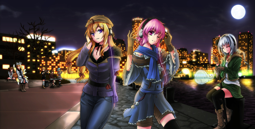 alternate_costume black_legwear blonde_hair boots boston casual chen city city_lights closed_eyes contemporary freeze-ex full_moon hairband hat headphones konpaku_youmu konpaku_youmu_(ghost) long_hair lunasa_prismriver lyrica_prismriver merlin_prismriver moon multiple_girls night night_sky one_eye_closed pink_eyes pink_hair purple_eyes saigyouji_yuyuko scabbard scarf sheath sheathed short_hair shorts silver_hair sky smile sword thighhighs touhou weapon yakumo_ran yakumo_yukari