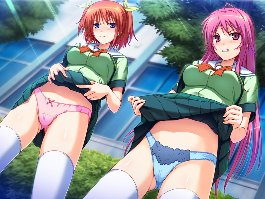 2girls blush game_cg panties seifuku skirt skirt_lift soushinjutsu_mobius thighhighs underwear yukirin