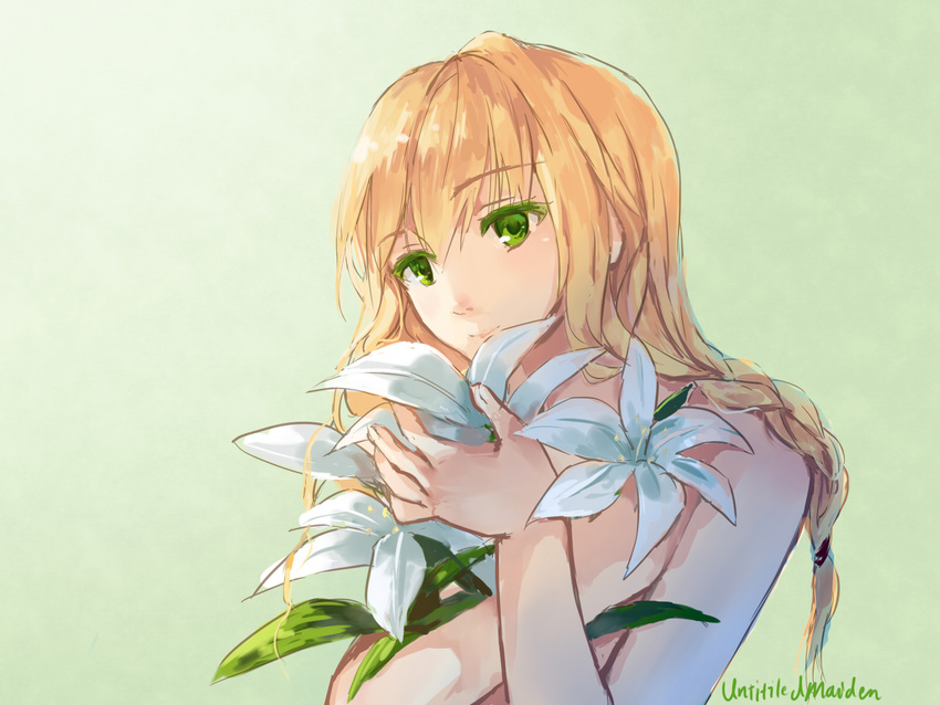 bad_id bad_pixiv_id blonde_hair braid colored_eyelashes fancybetty flower green_eyes hair_over_shoulder highres holding holding_flower lily_(flower) long_hair majo_no_ie simple_background solo twin_braids viola_(majo_no_ie)