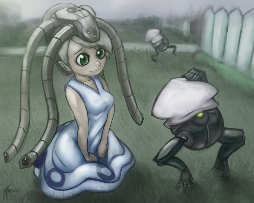 1girl artist_name breasts collarbone cosplay dress dwarf_gekko fence grass green_eyes hat ikamusume ikamusume_(cosplay) laughing_octopus metal_gear metal_gear_(series) metal_gear_solid_4 outdoors parody shinryaku!_ikamusume short_hair signature sitting tentacle xdraws