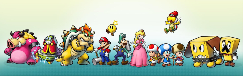 2girls 6+boys @_@ angry arms_cross blonde_hair boots bowser bowser's_inside_story bracelet broggy broque_monsieur cane cap claws clenched_hand collar corporal_paraplonk crossed_arms crown dress earrings elbow_gloves electricity facial_hair fangs fawful fist flying gem glasses gloves grin hammer hand_on_hip hand_on_hips hat highres jewelry koopa long_image luigi mario mario_&amp;_luigi mario_&amp;_luigi:_bowser's_inside_story mario_(series) midbus multiple_boys multiple_girls mustache nintendo parakoopa_troopa pose princess princess_peach red_hair shell smile snout spiked_bracelet spiked_collar spikes star starlow super_mario_bros. suspenders toad toad_(mario) toadbert toadsworth weapon wide_image wings