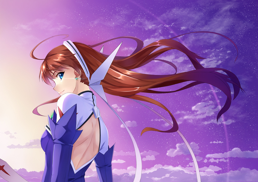 ahoge alternate_hairstyle ame_no_uta arika_yumemiya bare_back blue_eyes bodysuit brown_hair cloud floating_hair hair_down hair_ornament highres long_hair my-otome sideways_glance sky solo star_(sky) starry_sky twilight