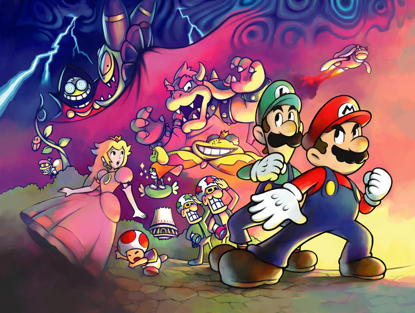 3girls 6+boys absurdres blonde_hair boots bowser breasts cackletta cap crown dress elbow_gloves epic facial_hair fawful fighting_stance general_sharshade gloves hat highres large_breasts lightning long_hair luigi mario mario_&amp;_luigi mario_&amp;_luigi:_superstar_saga mario_(series) moustache multiple_boys multiple_girls mustache nintendo official_art open_mouth popple pose prince prince_peasley princess princess_peach queen queen_bean sergeant_starshade shoes super_mario_bros. superstar_saga suspenders toad toad_(mario)