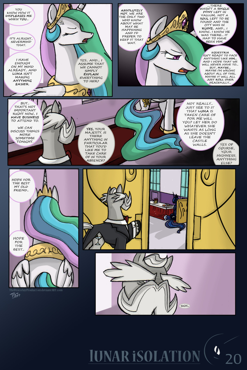 bow_tie butler comic crown cutie_mark dialog dialogue english_text equine facial_hair female feral friendship_is_magic hair horn horse long_hair male mammal multi-colored_hair mustache my_little_pony pony princess princess_celestia_(mlp) princess_luna_(mlp) purple_eyes royalty text thedracojayproduct winged_unicorn wings