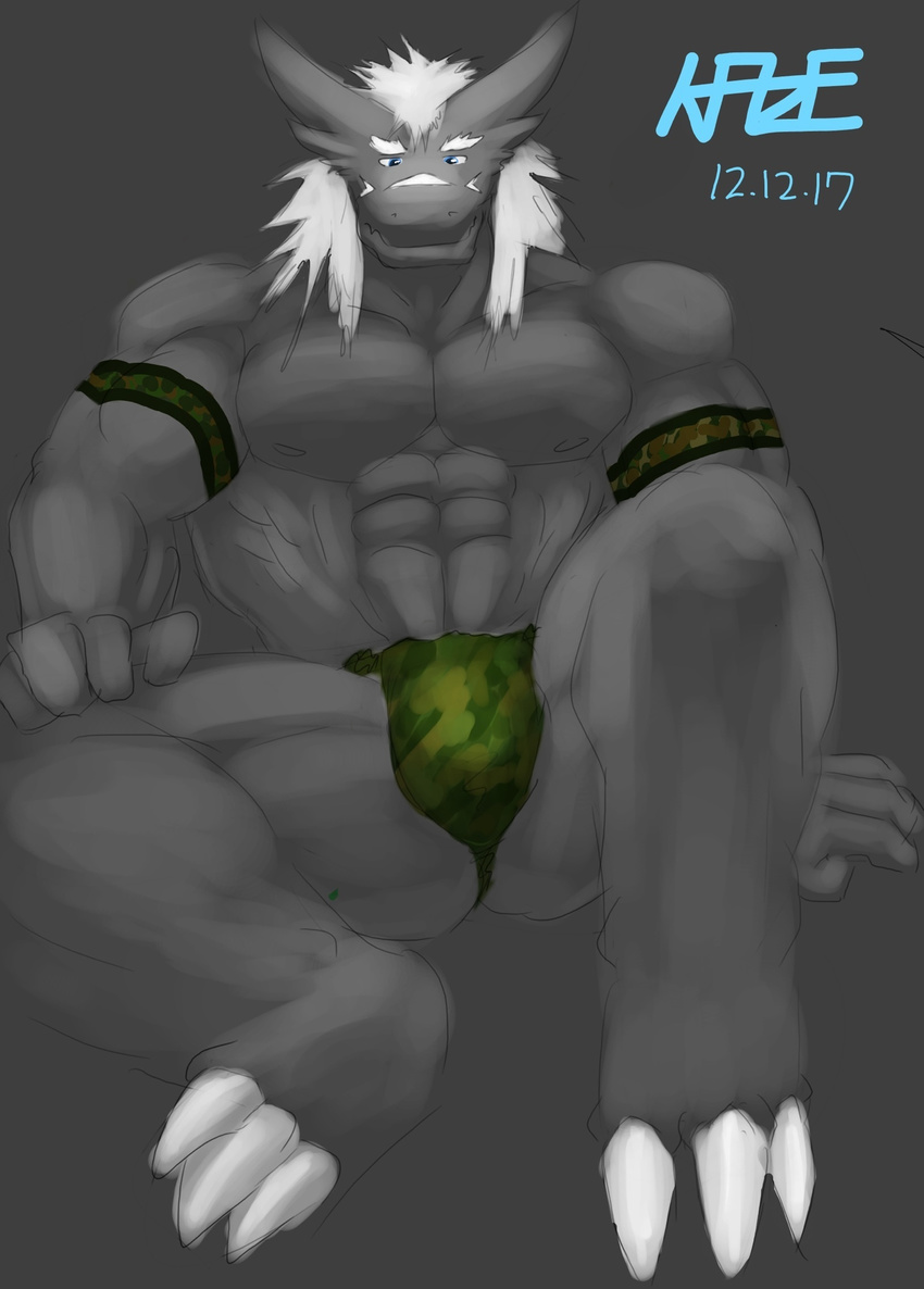 2012 abs armband biceps blue_eyes bulge claws clothed clothing fundoshi fur grauchen hair half-dressed kaze kemono male military millitary muscles nipples pecs sitting solo toe_claws topless underwear white_fur white_hair