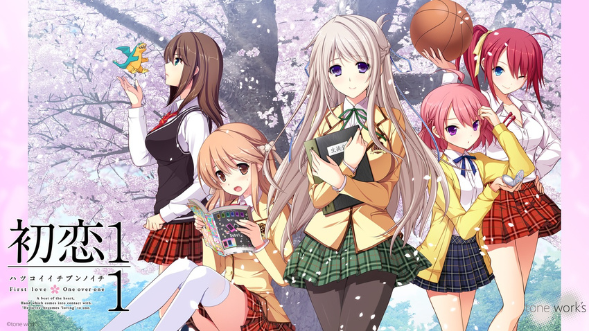 5girls blue_eyes blush brown_hair cherry_blossoms game_cg gray_hair grey_hair hatsukoi_1/1 hatsukoi_1_1 iizuki_tasuku long_hair makabe_midori multiple_girls notepad open_mouth outdoors petals purple_eyes school_uniform serafuku smile