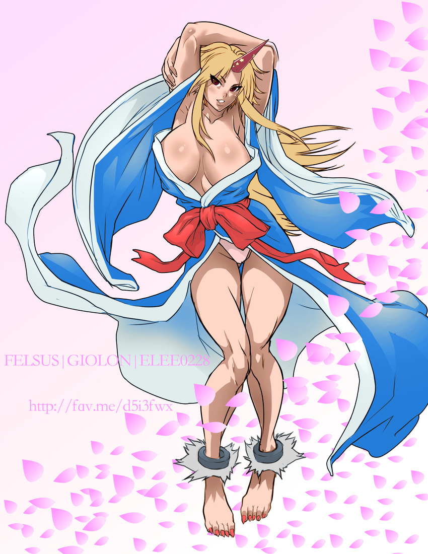absurdres armpits arms_up barefoot blonde_hair breasts collaboration cuffs elee0228 felsus highres horn hoshiguma_yuugi huge_breasts japanese_clothes kimono long_hair no_bra open_clothes open_kimono panties petals pigeon-toed red_eyes shackles solo thick_thighs thighs toenail_polish touhou underwear watermark web_address wide_sleeves
