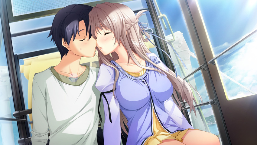 1boy 1girl blush game_cg gray_hair grey_hair hatsukoi_1/1 hatsukoi_1_1 iizuki_tasuku long_hair makabe_midori open_mouth purple_eyes window