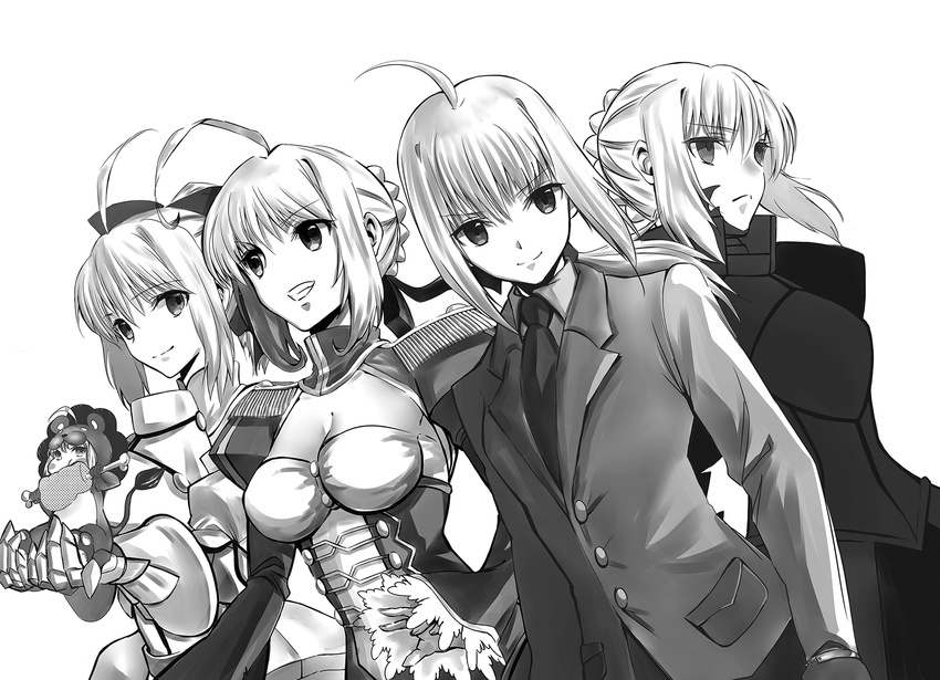 ahoge animal_costume armor armored_dress artoria_pendragon_(all) blush_stickers boned_meat breasts cleavage dress eating epaulettes fate/extra fate/stay_night fate/tiger_colosseum fate/unlimited_codes fate/zero fate_(series) food formal gauntlets greyscale hair_ribbon hidaka_ajiko highres lion_costume long_hair meat medium_breasts monochrome multiple_girls multiple_persona nero_claudius_(fate) nero_claudius_(fate)_(all) pant_suit ponytail ribbon saber saber_alter saber_lily saber_lion suit