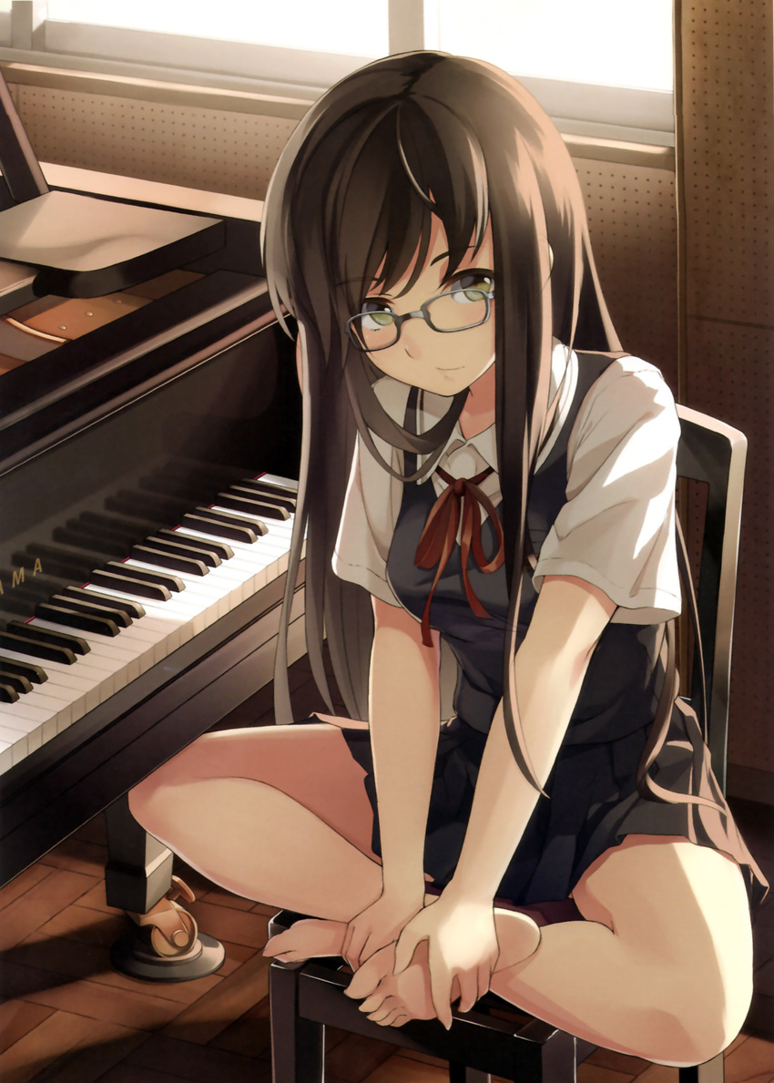 absurdres barefoot black_hair feet feet_on_chair glasses grand_piano green_eyes hands_on_feet highres huge_filesize indian_style indoors instrument light_smile long_hair looking_at_viewer original piano pleated_skirt scan school_uniform sitting skirt soles solo spread_legs supertie toes vest