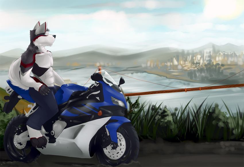 biceps biker black_nose bridge canine city claws clothed clothing fur grey_fur half-dressed male mammal motorbike motorcycle muscles musuclar no_swift outside pecs red_fur sky solo topless vehicle water white_fur wolf