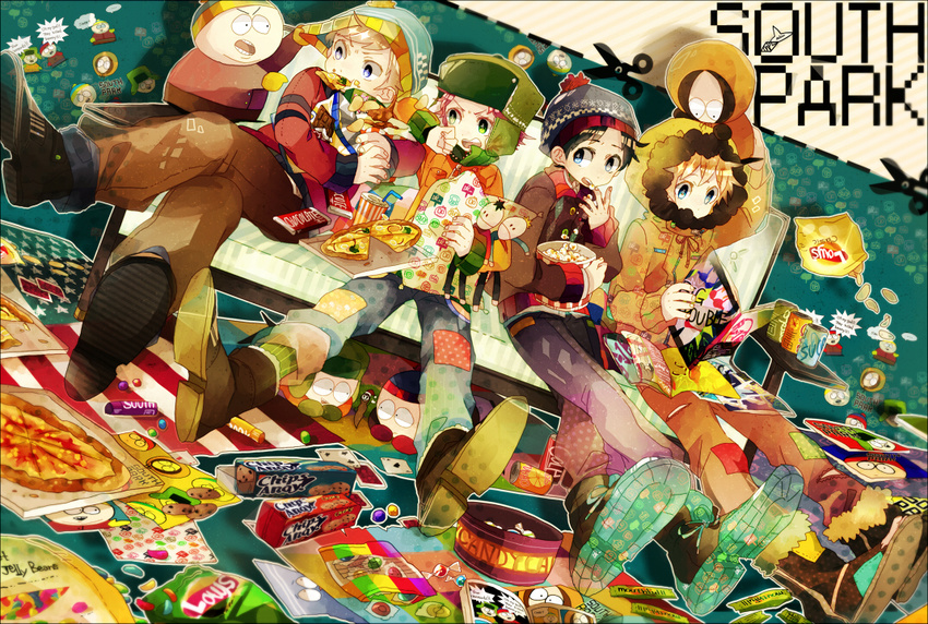 beanie black_hair blonde_hair blue_eyes boots brand_name_imitation brown_hair can candy card chips chips_ahoy! chocolate_bar coat cookie copyright_name dual_persona eating eric_cartman food green_eyes hat hood hoodie jacket kenny_mccormick kyle_broflovski lay's male_focus maple_(cyakapon) multiple_boys parka pizza popcorn potato_chips red_hair short_hair soda_can south_park stan_marsh winter_clothes