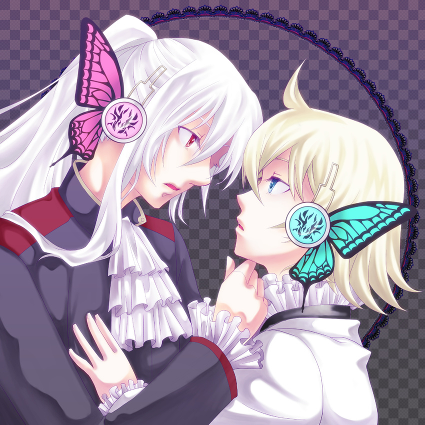 1girl blonde_hair blue_eyes butterfly_hair_ornament eye_contact face-to-face genderswap genderswap_(ftm) hair_ornament headphones highres kanno_aya long_hair looking_at_another magnet_(vocaloid) parody red_eyes sukone_tei sukone_teiru utau vocaloid white_hair