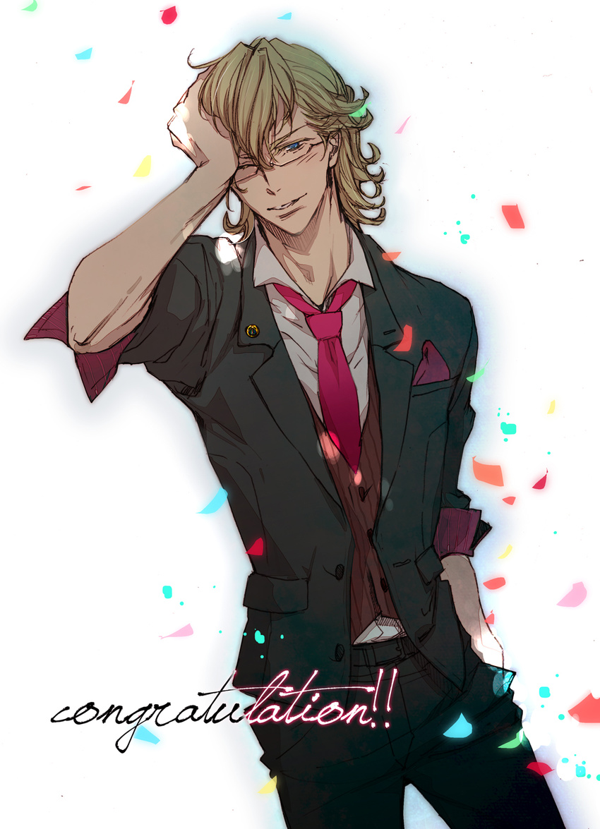 alternate_costume bad_id bad_pixiv_id barnaby_brooks_jr blonde_hair blue_eyes confetti engrish glasses hand_on_own_face highres male_focus mamita one_eye_closed ranguage solo tiger_&amp;_bunny