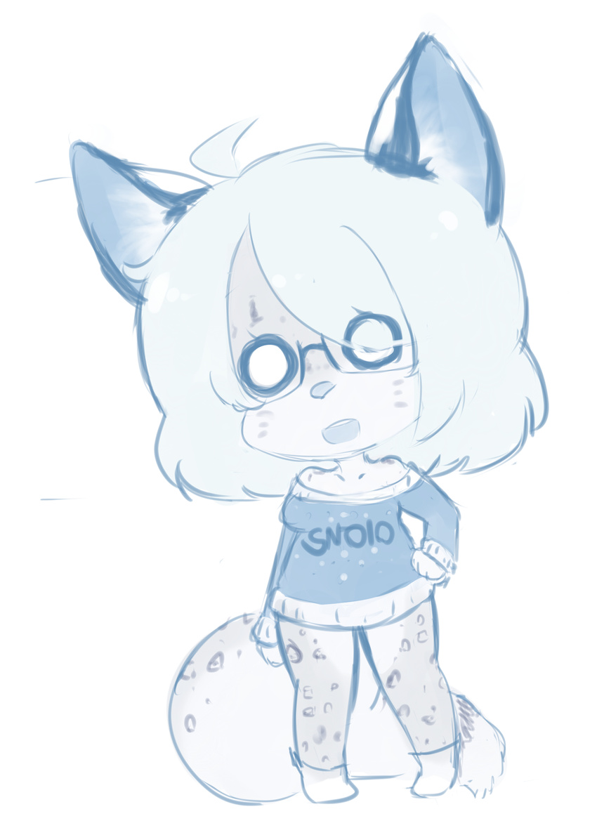 bottomless chibi clothed clothing eyewear feline female glasses hair half-dressed hand_on_hip leopard loli loliswitch long_sleeves looking_at_viewer mammal open_mouth plain_background short_hair smile socks sweater white_background young