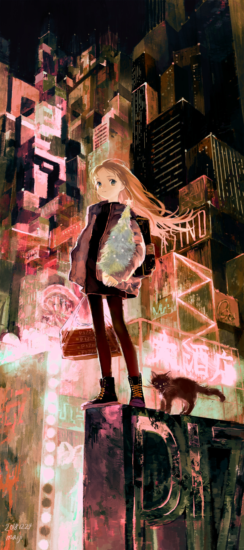 1girl absurdres artist_name backpack bag bangs black_cat black_dress black_footwear black_legwear blonde_hair blue_eyes building cat christmas christmas_tree city coat commentary_request dated dress from_below gradient_eyes highres holding holding_bag long_hair looking_at_viewer maij multicolored multicolored_eyes night night_sky open_clothes open_coat original outdoors parted_bangs pizza_box plastic_bag shoes silver_coat silver_eyes sky skyscraper smile sneakers solo standing star turtleneck turtleneck_dress winter_clothes winter_coat yellow_eyes